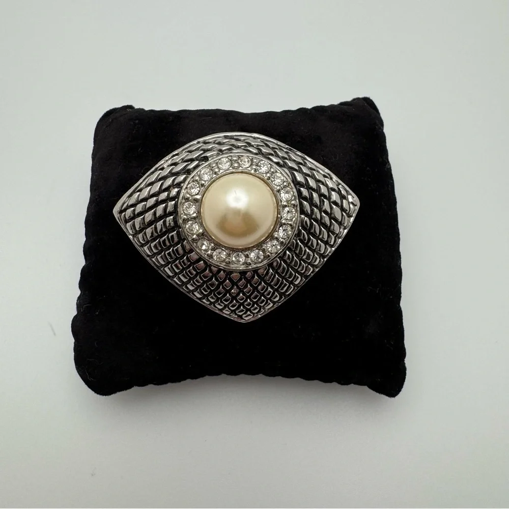 Vintage Faux Pearl Rhinestone Brooch Silver Tone Statement Bridal Scarf Coat Pin